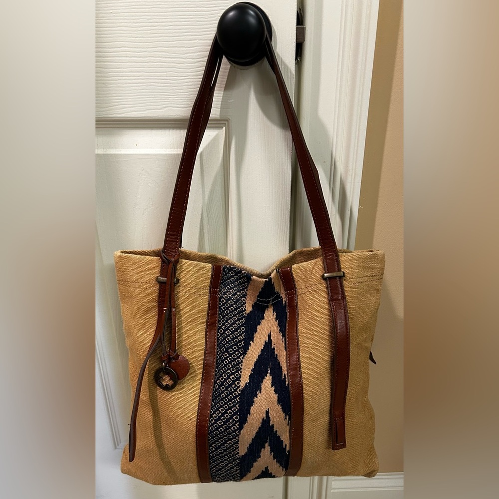 Lucky Brand leather/cotton/linen tote bag - Picture 2 of 9